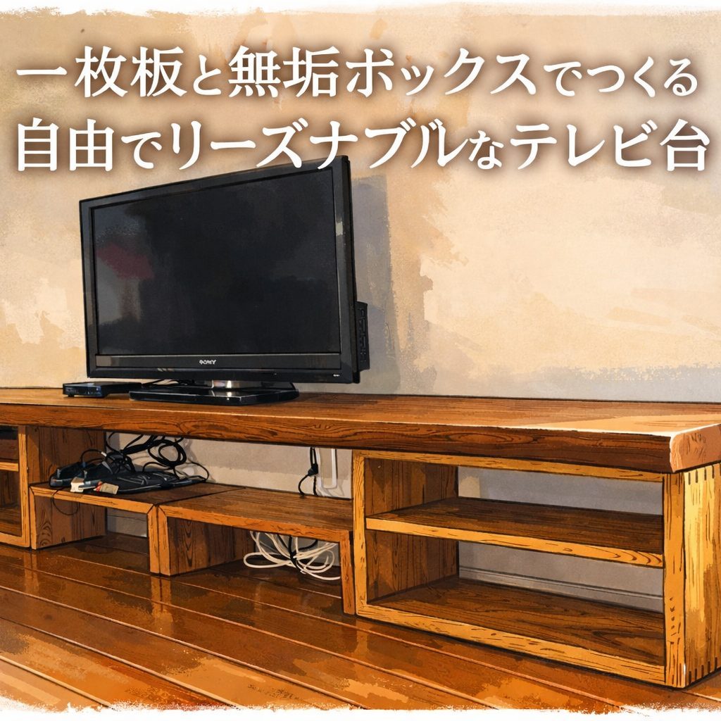 一枚板と無垢ボックスでつくる、自由度の高いテレビ台